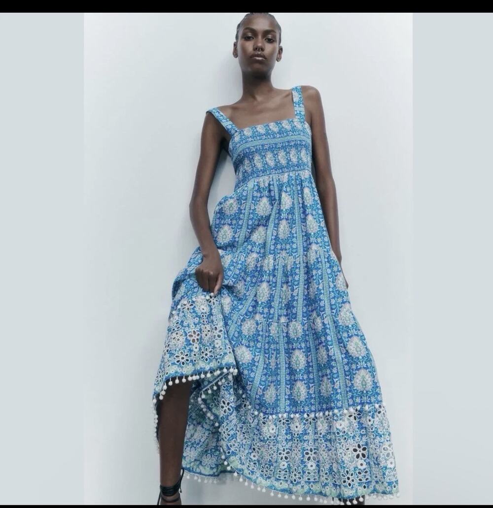 Zara Tiered Maxi Dress Small Blue Pink Floral Boho Cottagecore Prairie